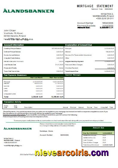Finland Aland bank mortgage statement